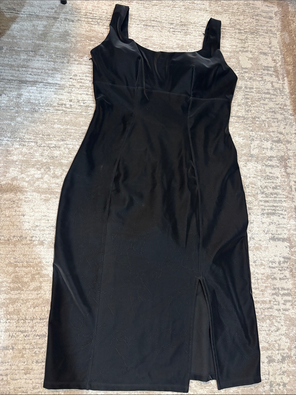 Classic Black Midi Dress with Square Neck and Front Slit